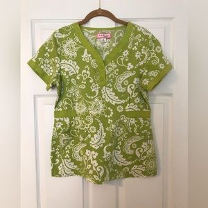 Koi Short Sleeve Scrub Top Womens Small Lime Green/White Floral
